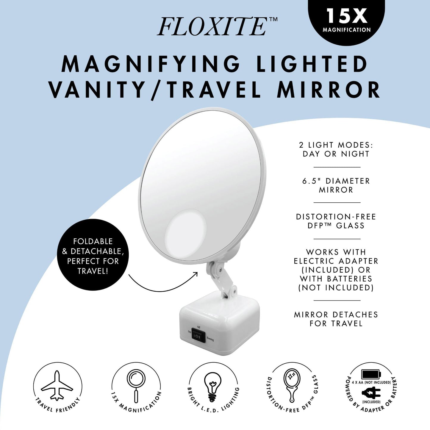 15X Magnified  WHITE 6.5” L.E.D. VANITY MIRROR FL-615-2