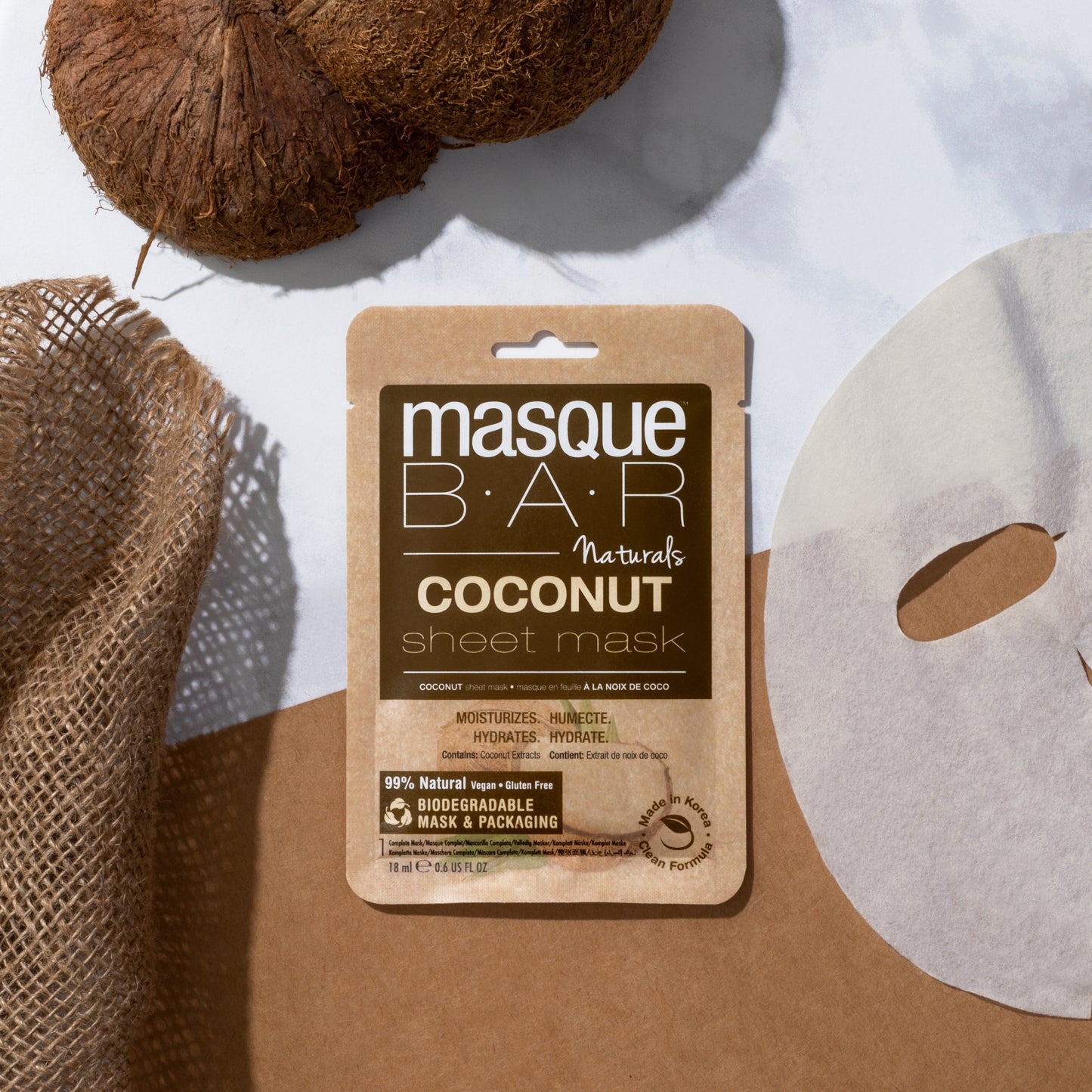 Masque Bar Naturals Coconut Sheet Mask 99% Natural, Vegan, and Gluten Free